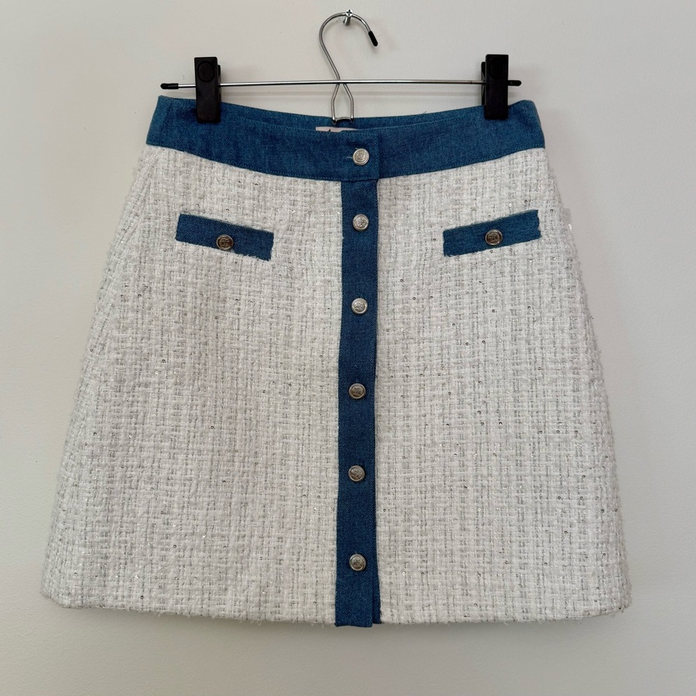 Nanette Lepore Skirt White Sparkling Tweed Denim Trim Sz M Button Front Glam NWT